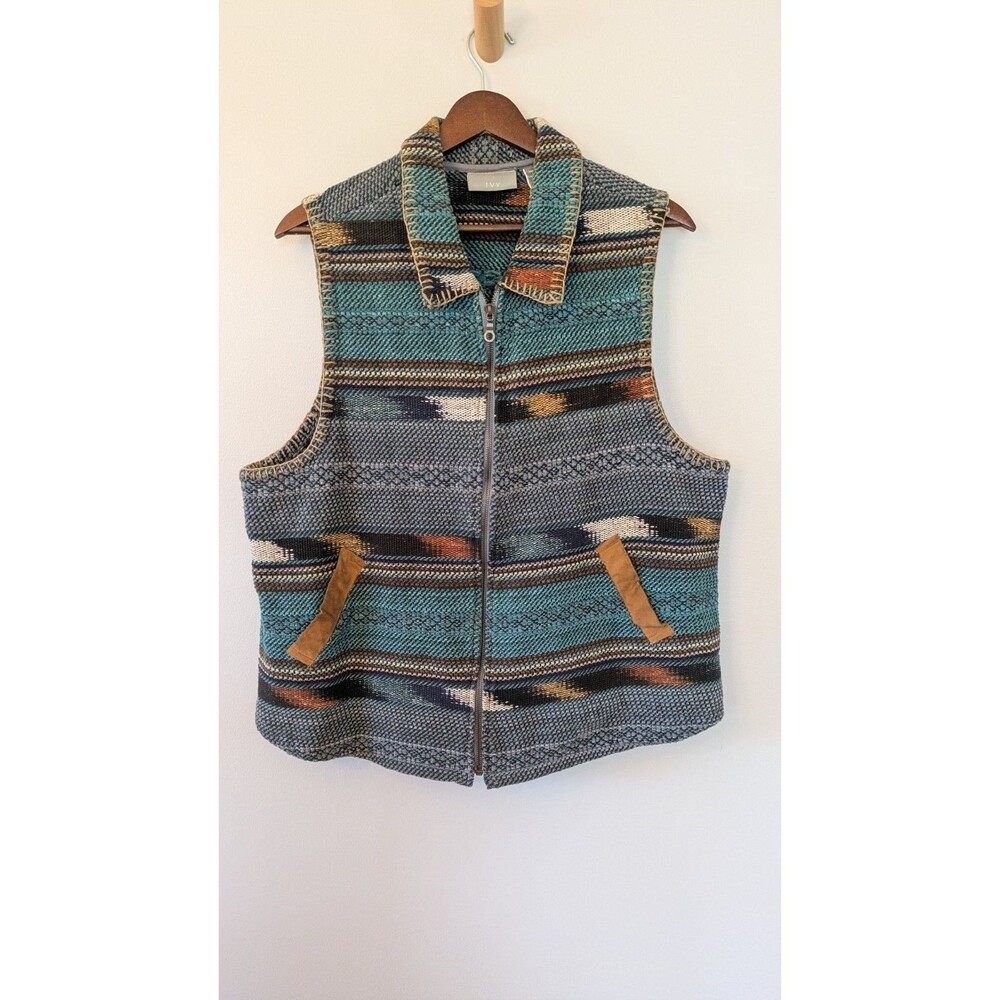 Vtg Ivy Vest Jacket XL Southwestern Aztec Multicolor Zip Suede Pockets Striped